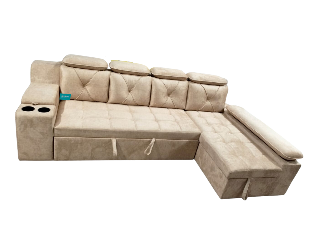 Dark cream pull out sofa cumbed with lounger storage
