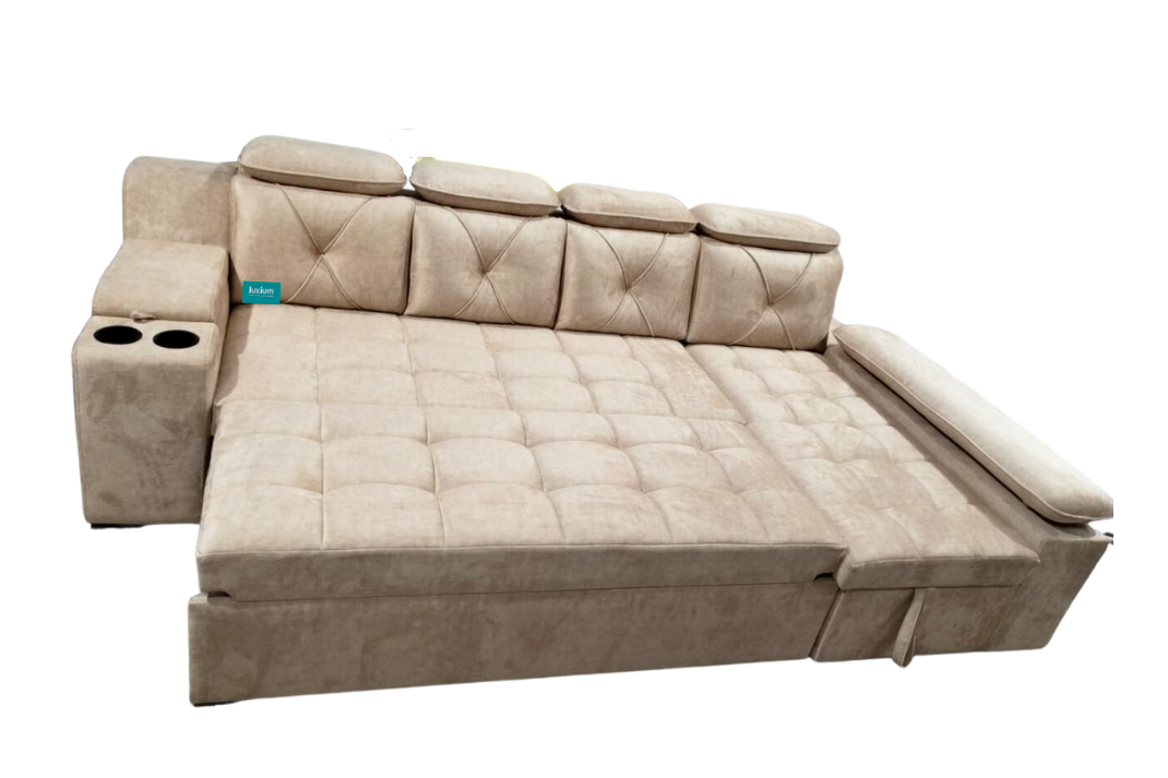 Dark cream pull out sofa cumbed with lounger storage