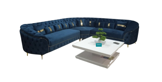 Eight seater Blue corner L shape sofa with golden border