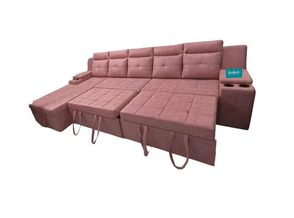 Pink color Pull out Sofa cumbed and lounger storage