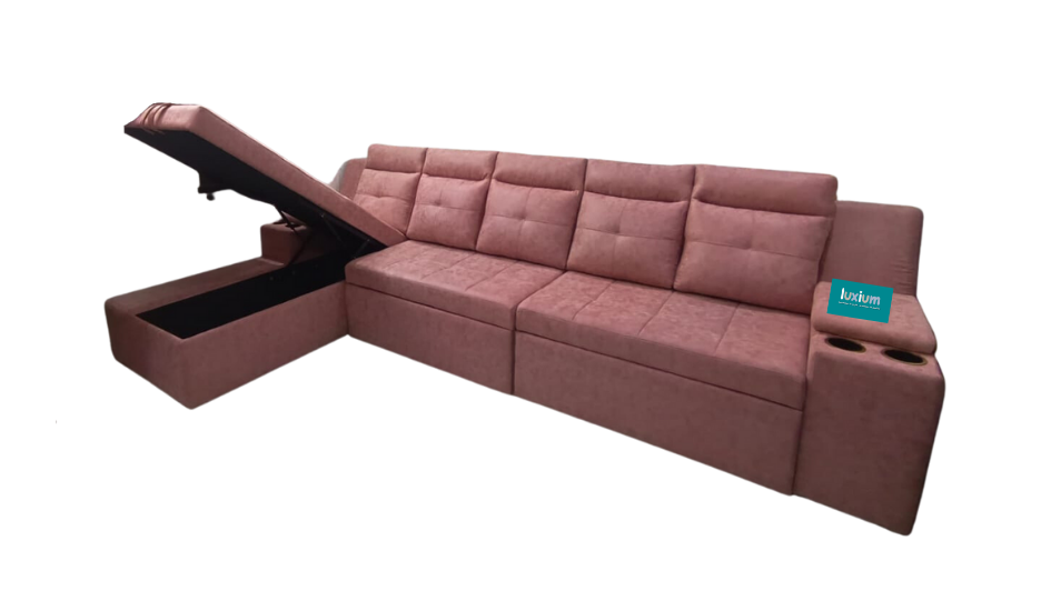 Pink color Pull out Sofa cumbed and lounger storage