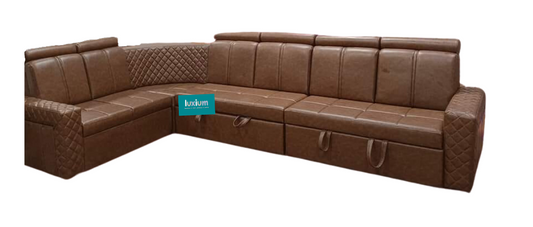 TAN Color leatherette pull out sofa cumbed 6 Seater + Corner