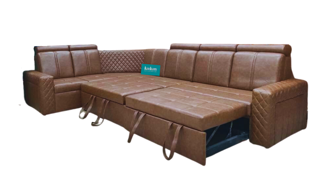 TAN Color leatherette pull out sofa cumbed 6 Seater + Corner