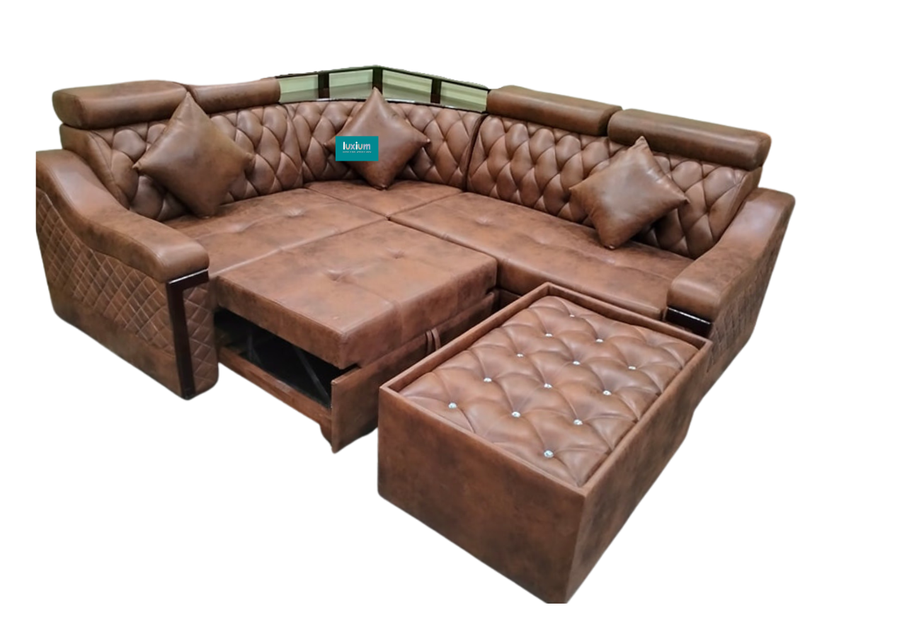 Leatherette L shape pull out sofa cumbed in Dark brown